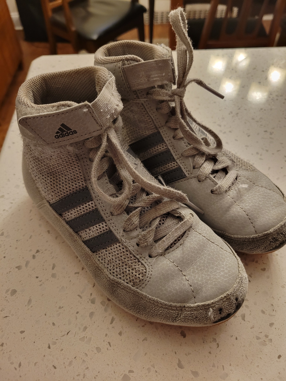 adidas Kids Light Gray High-Top Wrestling Sneakers with Dark Gray Stripes